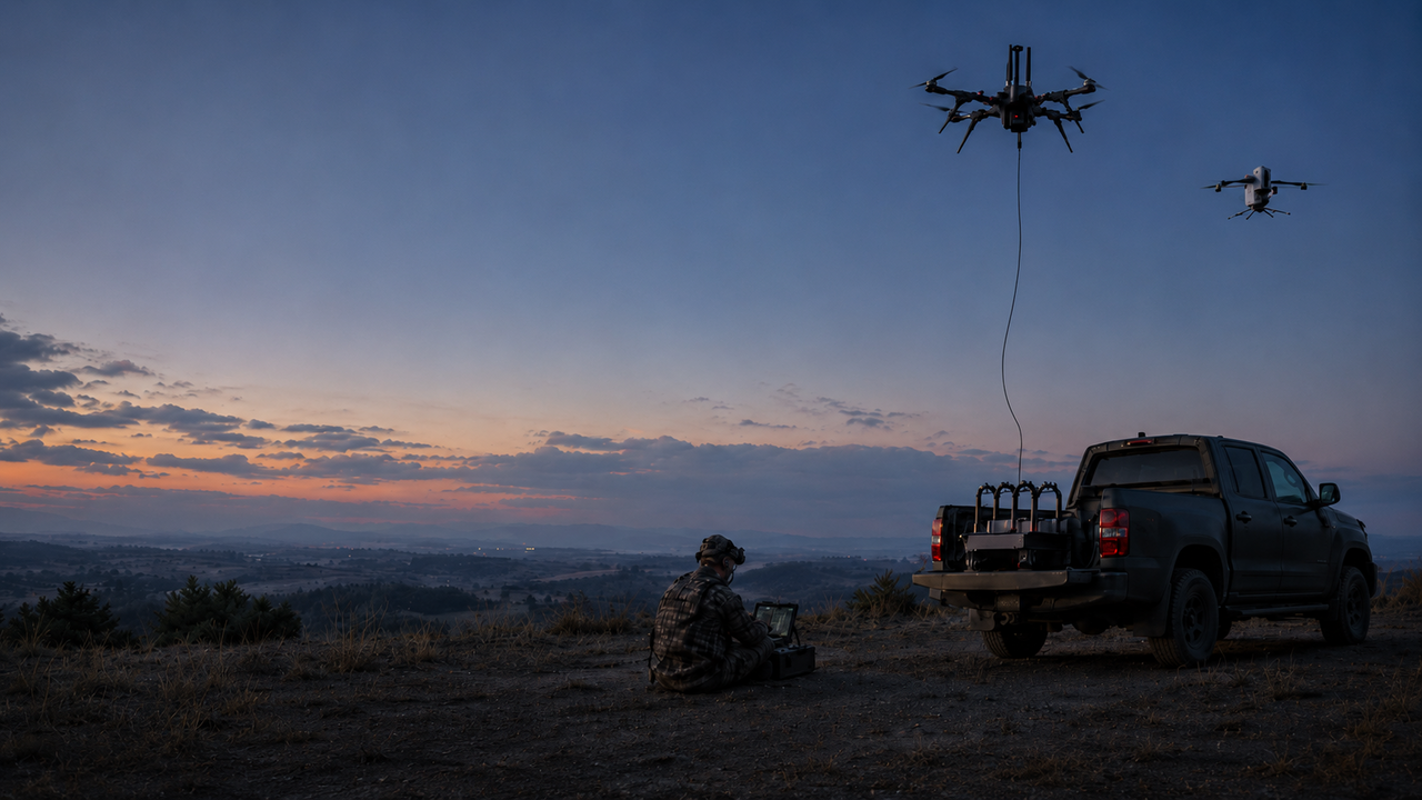 Vectorbirds UAV-Systeme mit VECTIS, AERIS Recon S7, TELEVATOR und Ground Control Station Vectorbirds UAV-Systeme mit VECTIS, AERIS Recon S7, TELEVATOR, Tether-Betrieb, Pickup-Trägerfahrzeug und Operator an der Ground Control Station